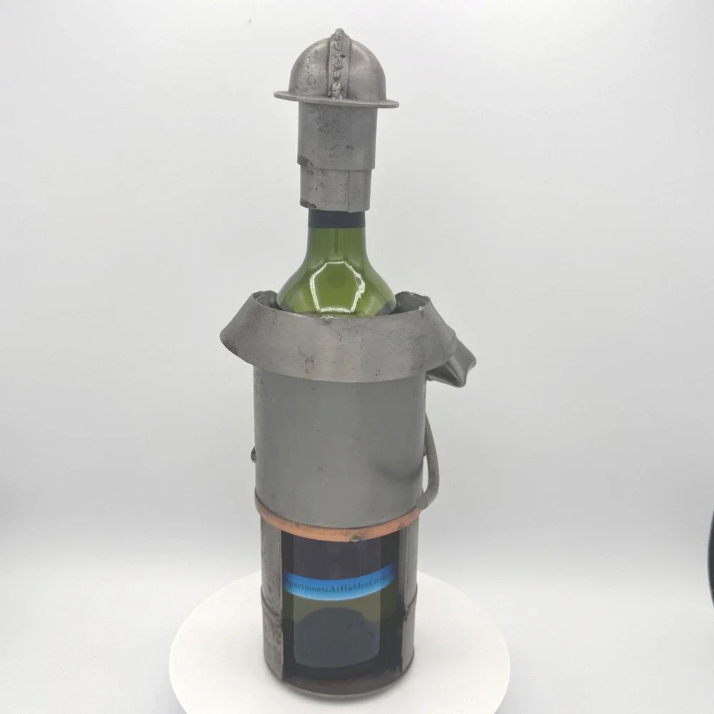 Metal Fireman Wine Bottle Holder Firefighter Caddy Industrial Art Decor